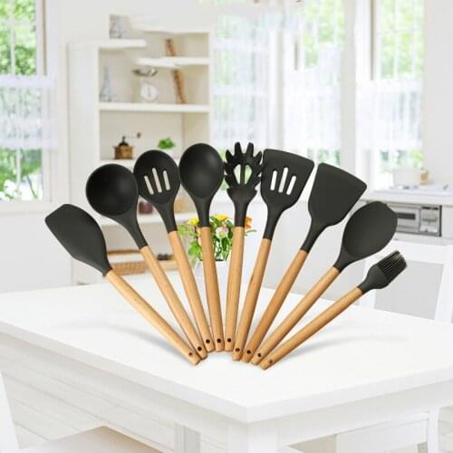 Non-Stick Heat Resistant Silicone Spatula Spoon Tongs Utensils Soup Spoon Spatula Shovel Wooden Handle Cooking Kitchen Tool