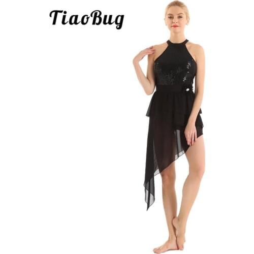 TiaoBug Adult Sequins Halter Asymmetrical Chiffon Gymnastics Leotard Women Ballet Dress Stage Contemporary Lyrical Dance Costume