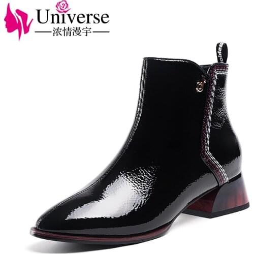 Universe J226 Cool Square heel Toe Pointed Patent Leather 2020 Ankle boots Women Boots