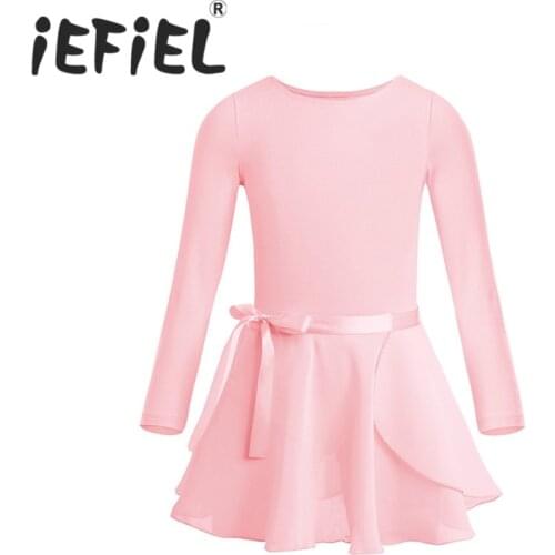 Kids Girls Long Sleeve Cotton Tulle Tutu Ballet Dance Leotard Dress for Performance Dancewear Clothes with Chiffon Tied Skirt