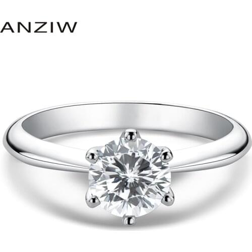 Anziw Real Moissanite Solitaire Rings 925 Sterling Silver 0.5-3.0 carats Round Cut Diamond Ring Women Engagement Wedding Jewelry
