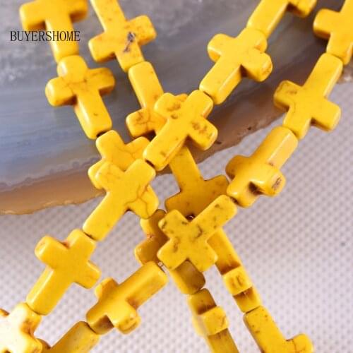 Fashion Natural Stone 12x16MM Yellow Howlite Cross Loose Beads String 15.5inches P475