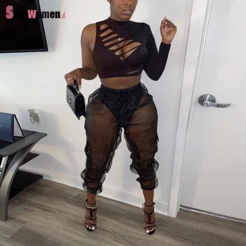 Fashion Summer Loose Trousers Women Pant Streetwear Mesh See-through Cargo Pants Hole One Shoulder Crop Top Shirt Patchwork