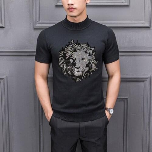 Mens Hot Drilling Short Sweater Extra Large Heavy Lion Head Male Half-Sleeved Pure Cotton Pullover Knitting Semi-High Collar