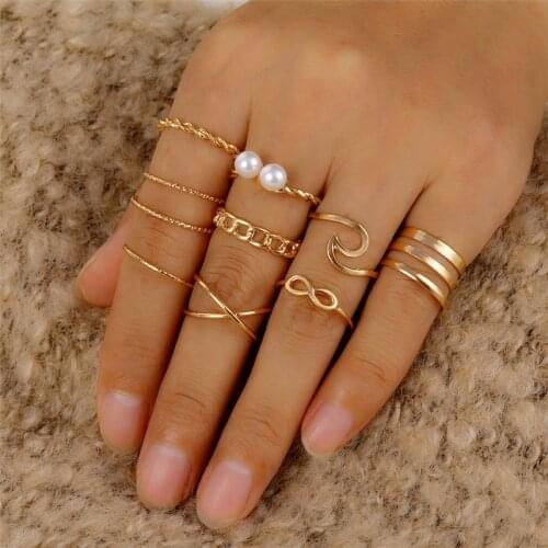 10 Pcs/Set Minimalist Round Cross Twist Wave Rings for Women Fashion Gold Geometric Pearl Finger Ring Set Bijoux Femme 2020 New