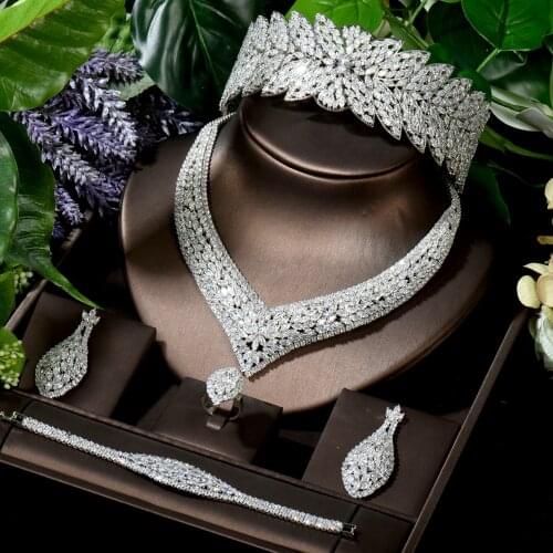 HIBRIDE New Beauty Shiny Cubic Zirconia Pave 5pcs Big Women Bridal Wedding Jewelry Set Neckalce Earring Party Accessories N-1620