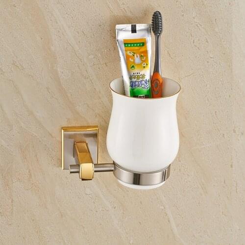 Cup & Tumbler Holders gold brushed bathroom European Style toothbrush Wall Mounted Toothbrush holder Ceramic Cup GS-6003