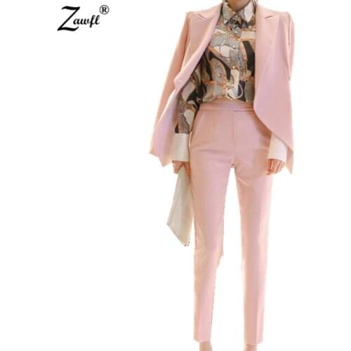 ZAWFL 2020 Autumn New Fashion Womens OL Work Trousers Suit Set Ruffles Blazer+Pants 2Pieces Clothing Set Pink Outfits