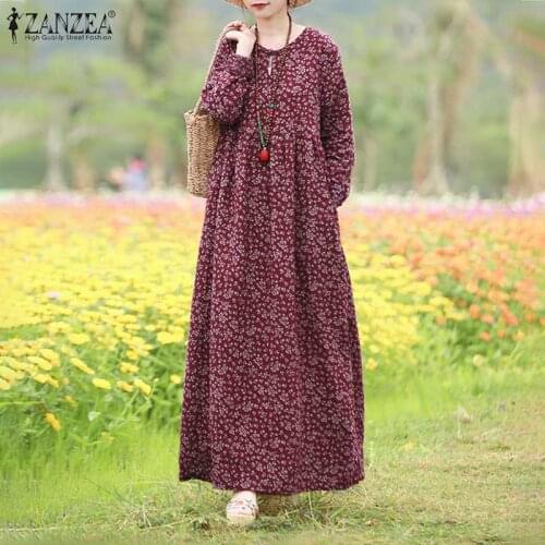 ZANZEA Vintage Autumn Floral Printed Sundress Women Bohemian O Neck Long Sleeve Maxi Dress Spring Party Vestido Baggy Plus Size