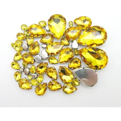 Topaz glass crystal strass mix water drop shape 7 sizes silver claw flatback sew on rhinestone clothes shoes bags diy decoration