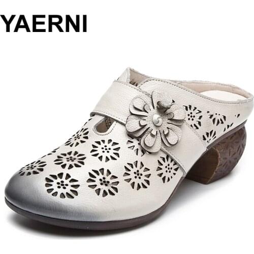 YAERNI Genuine Leather Womens Shoes Summer Slippers Female Flowers Casual Slippers Thick High Heels Flip Flops