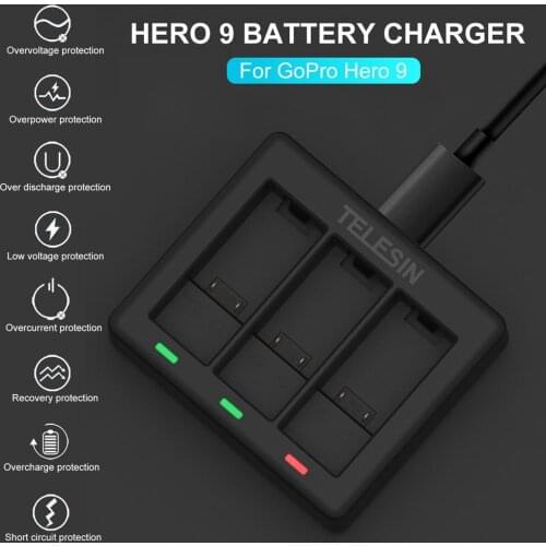 For GoPro Hero 9 Battery 4.4V 800mA Charging Adapter with USB Type C Cable, Portable USB Travel Charger For 3 Hero 9 Batteries