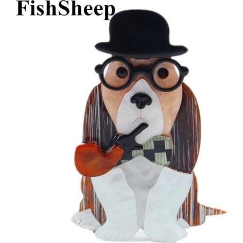 FishSheep Lovely Tobacco Pipe Dog Brooches Pins For Women Cigarette Dog With Glasses Animal Brooch Jewelry 2021 Pins Collections