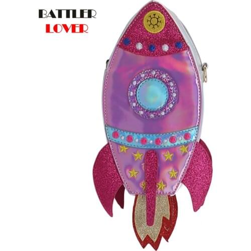 Pink & Silver Laser Rocket Shape Women Purses and Handbags Female Casual Shoulder Totes Clutch Pouch Leather Crossbody Bag