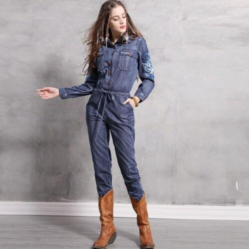 Spring Autumn Casual Womens Lady Long Sleeve Embroidery Sash Denim Jumpsuits Overalls , 2019 Woman Embroidered Jeans Jumpsuit