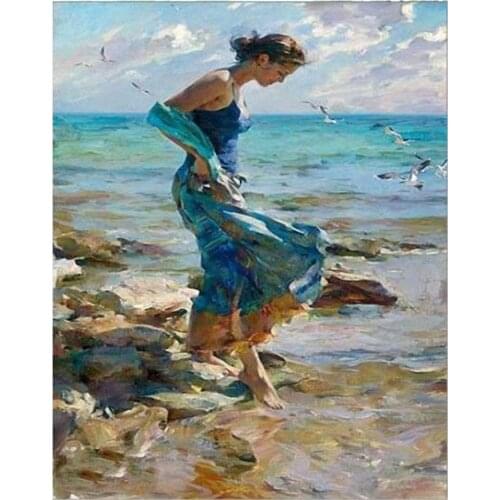 Woman Sea Printed Canvas 11CT Cross Stitch Embroidery Kit DMC Threads Knitting Handmade Sewing Painting Counted Different