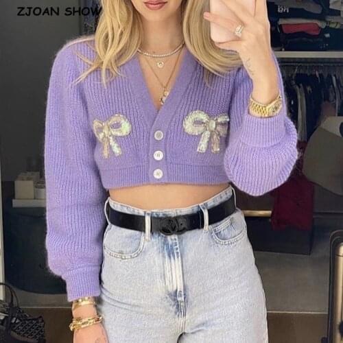 2020 Vintage Purple Spliced Sequins Bow Knit Crop Cardigan Women V neck Single-breasted Button Sweater Long sleeve Short Jumper