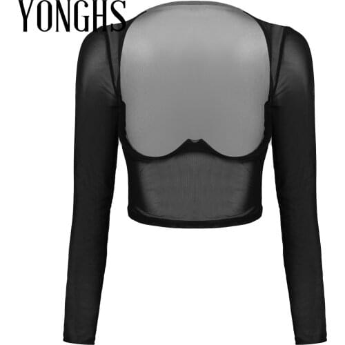 Womens Wetlook Lingerie See-through Mesh Underwire Sexy Crop Tops Long Sleeve Open Front Sheer Erotic T-shirt Tops Nightwear
