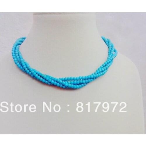 4 Rows Necklac 4mm Bead Blue stone bead Round Bead Twined Handmade Necklace Woman jewelry Party charm &6N00144