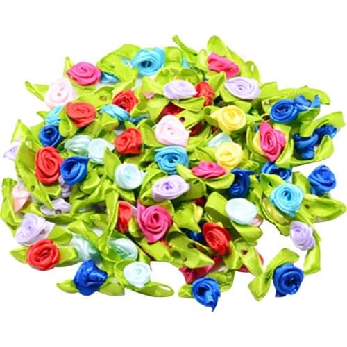 100 Pieces Satin Ribbon Tiny Rolled Rose Bud Flower with Green Satin Leaves Wedding Decor Craft Sewing Applique DIY