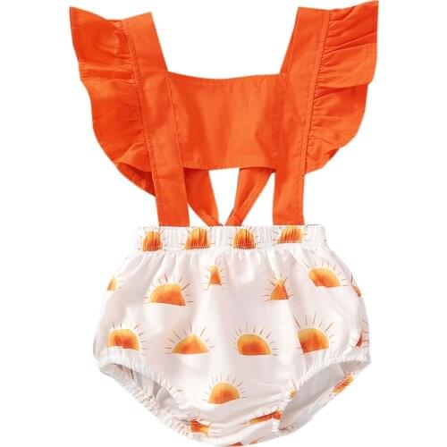 Baby Girl Romper 2pcs Cute Sun Print Ruffle Short Sleeve Hollow Backless Playsuit+Headband Summer Holiday Infant Clothing