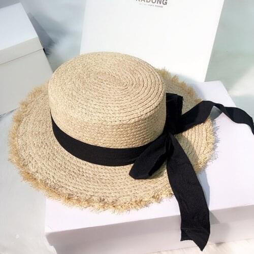 Womens New Summer Sun Hat Raw-edged Flat-top 100% Raffia Straw Hat Female Bow Sunscreen Beach Vacation Outing Beach 2021 New