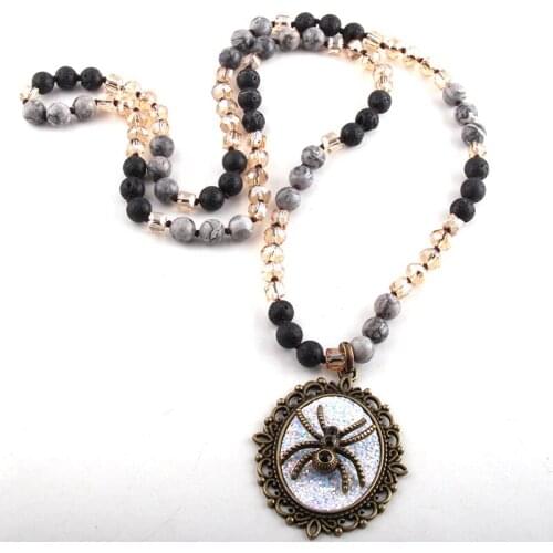 RH Fashion Bohemian Tribal Jewelry Multi Stone Beige Glass Long Knotted Metal Pendant Necklaces For Women Necklace