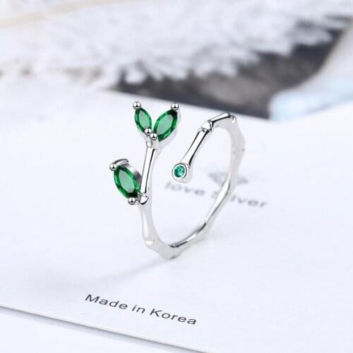 Trendy Green Zircon Bamboo leaves Ring For Women Jewelry 925 Sterling Silver Rings Lady Fashion Party Accessories KOFSAC