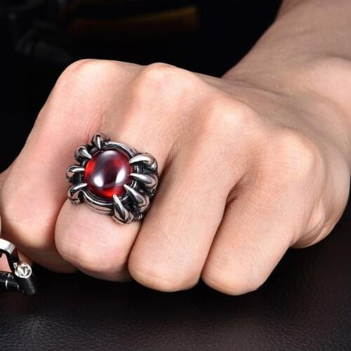 MOONROCY Punk Rings Red Black Crystal Vintage Ring for Men Silver Color Dragon Claw Party Rings Dropshipping Wholesale Gift