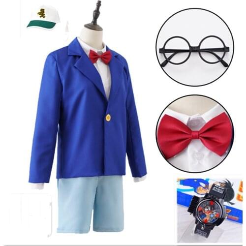 Anime Detective Conan Edogawa Cosplay Men and Child Halloween Costume Konan Uniform Set Cloth Cap Watch