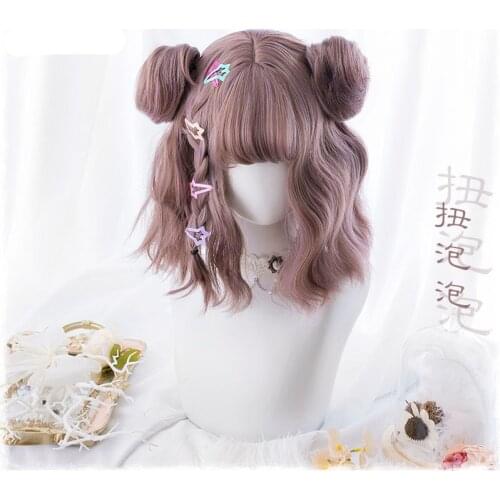 New Harajuku Kawaii Lolita Daily Gothic Short Curly Hair Cosplay Costume Wig For Womens Halloween Party With Buns+ Wig Cap