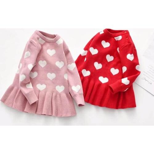 Autumn Winter Infant Baby Girls Sweater Dress LOVE Heart Print Knit Long Sleeve Ruffles A-Line Mini Dress 1-5Y
