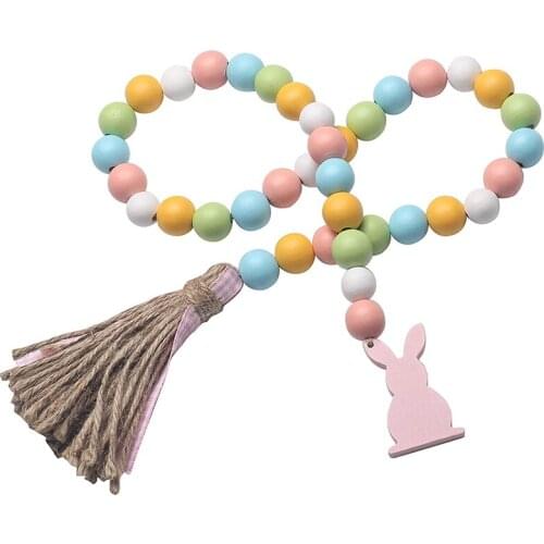 Easter Wood Bead Garland with Tassels and Bunny Tag Rustic Farmhouse Tiered Tray Spring Decorations Holiday