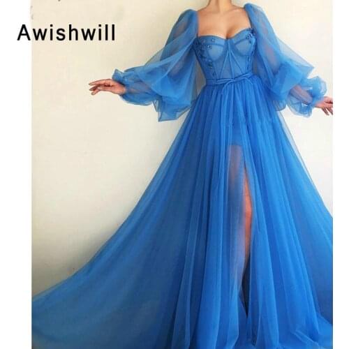 Romantic Blue Evening Dresses 2020 A-line Tulle Beaded Puffy Long Sleeves Formal Prom Dress With Slit