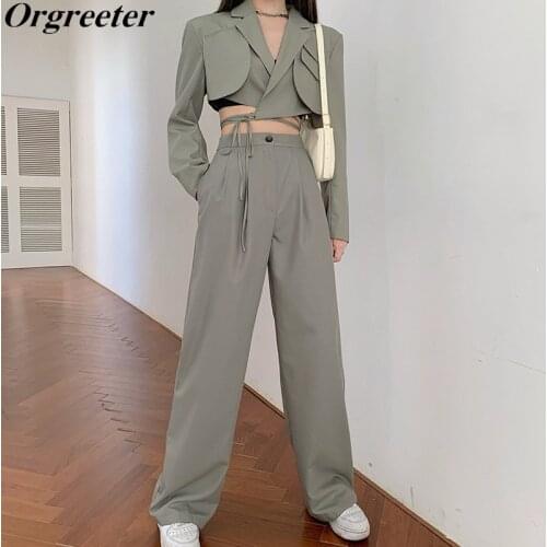Chic Design Irregular Elegant Notched Long Sleeve Lace Up Bowknot Tops + Straight Pants Suit Streetwear Two Piece Set Women