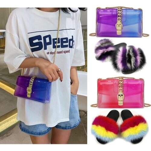 Woman Real Fox Fur Slides Girls Cute Fluffy Slippers Furry Fur Slides Ladies Transparent Jelly Chain Shoulder Bags Fashion Bag
