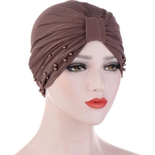 2020 Muslim Women Beading Knot Turban Caps Elastic Islamic Hijab Bonnet Ladies Hair Loss Chemo Cap Muslim Headwear Indian Hat