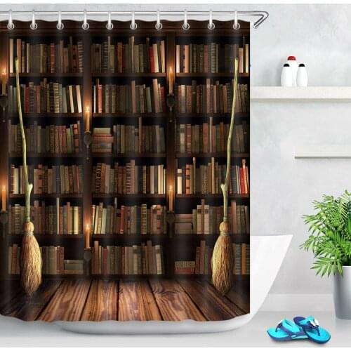 Vintage Bookshelf Fabric Shower Curtain Set Witch Broom Halloween Bathroom Decor