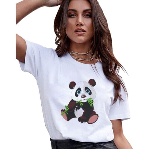 2018 Korean Fashion T Shirts Women Cute Panda Printed Kawaii White O-neck Women T-shirt Womens Clothing Tumblr Casual Tees Tops