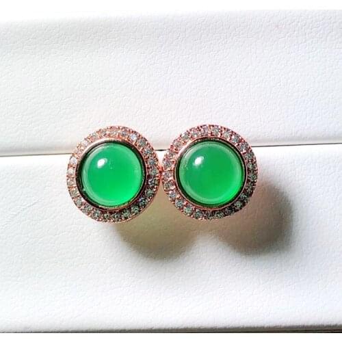 100% 925 Sterling Silver Earrings For Women Natural Round Emerald Green Jade Stud Earrings Vintage Gemstones Party Fine Jewelry