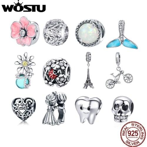 WOSTU Authentic 925 Sterling Silver Ladybug Flowers Charms Pendant Fit Bracelets Women Party Fashion DIY Jewelry Gift Making