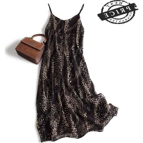 Dress Women Summer Vintage Real Silk Dresses 2021 Korean Sexy V Enck Sleeveless Polka Dot Party Dress Boho Vestidos 0132