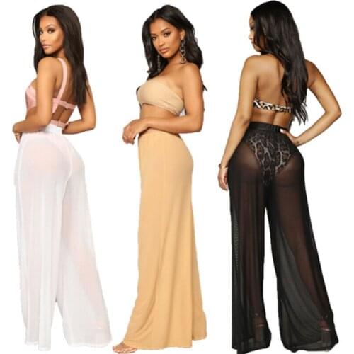 Women Sexy Fashion High Waist Translucent Solid Color Wide-Leg Mesh Lace Long Pants Swimsuit Bikini Cover Up