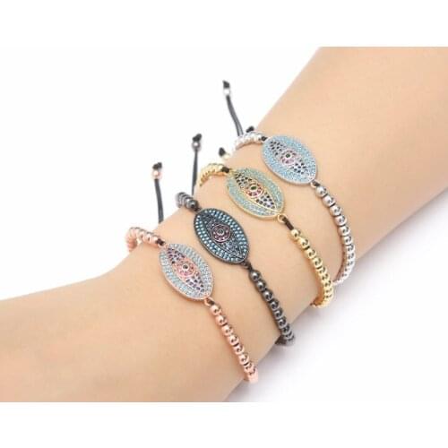 Gold silver micro pave cz Cubic Zirconia rope adjusted Copper Beads Bracelet egg2 Eye Charm Braided Bangles Fashion