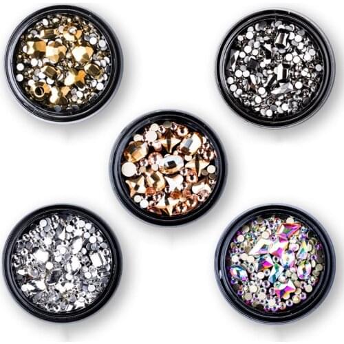 1 Box Mixed 3D Rhinestones Nail Art Decorations Crystal Gems Jewelry Gold Shiny Stones Charm Glass Manicure Accessories