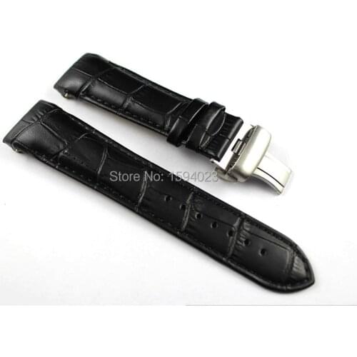 23mm (Buckle 20mm) T035617A High Quality Silver Butterfly Buckle + T035439 Black Genuine Leather curved end Watchband belts man