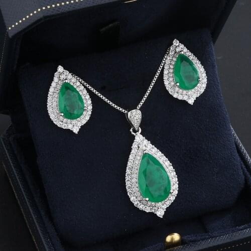 Funmode 3PCS Fashion Green Waterdrop Pendant Necklace Ring Earring Sets For Women Party Jewelry Gifts Wholesale FS34