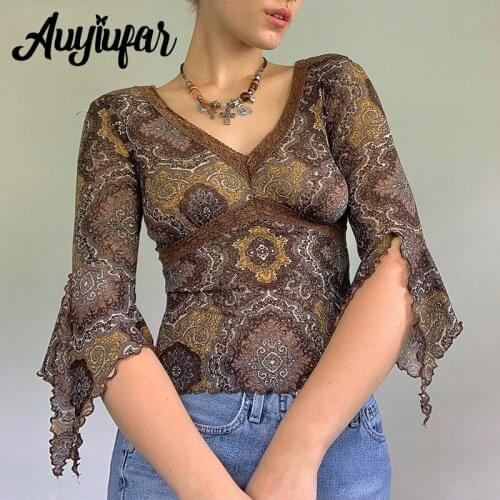 Auyiufar Lace Trim Vintage Fairy Grunge T Shirts Flare Sleeve Ruffles Elfcore Floral Pattern Tops Mesh Renaissance Women Outfits