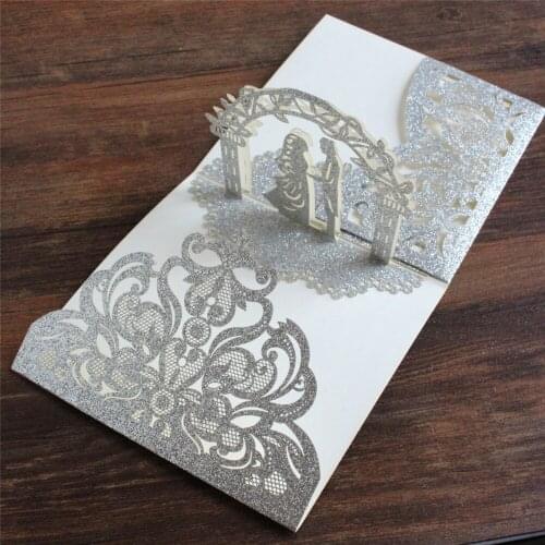Glitter Gold Flower Invitation Card Wedding Engagement Tri-Fold 3D Pocket Customized Printing Supply Multi Colors