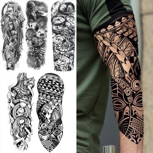 Large Maori Totem Sleeve Temporary Tattoos For Men Women Samurai Gangster Full Arm Fake Tatoos Compass Waterproof Tattoo Sticker